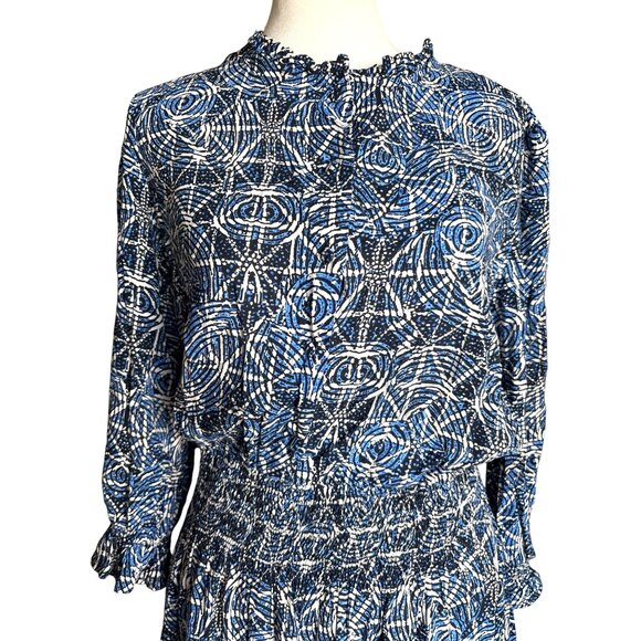 Maje Dress Size 42 / Large Printed Viscose Smocking Ruffle Indigo Black $385 - Picture 2 of 13